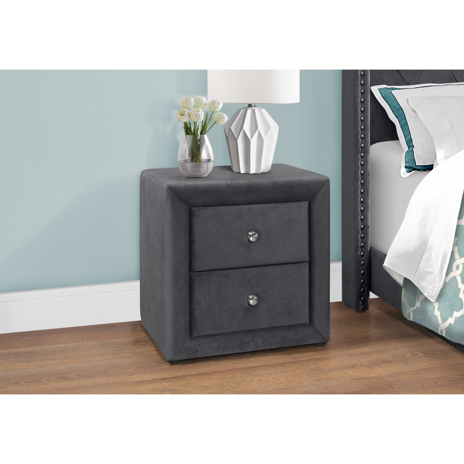 Monarch Specialties I 5607 Bedroom Accent 21"H Dark Grey Velvet Night Stand