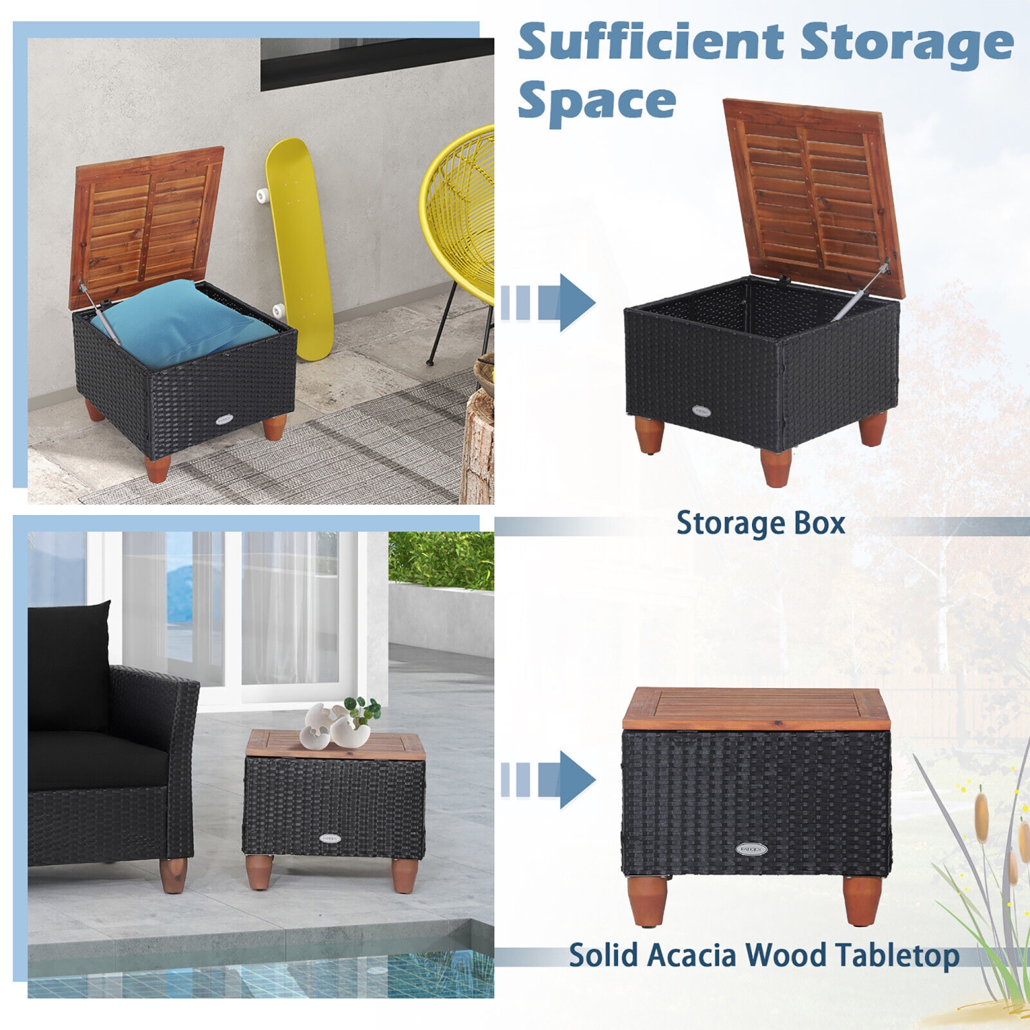 Ensemble de patio de 3 pièces en rotin Gymax avec coussins noirs