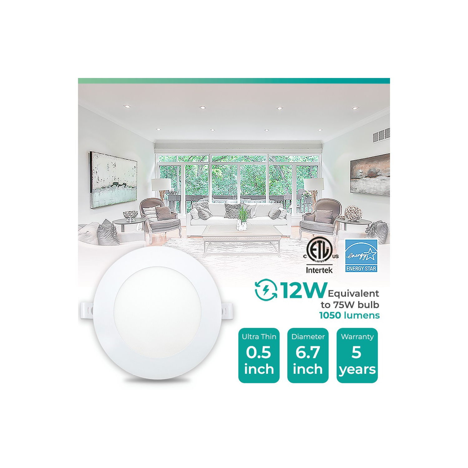 6 In. 2700K Soft White 12W 1050LM Ultra-Thin Integrated LED Light Kit, Flush Mount, Dimmable, Wet Rated