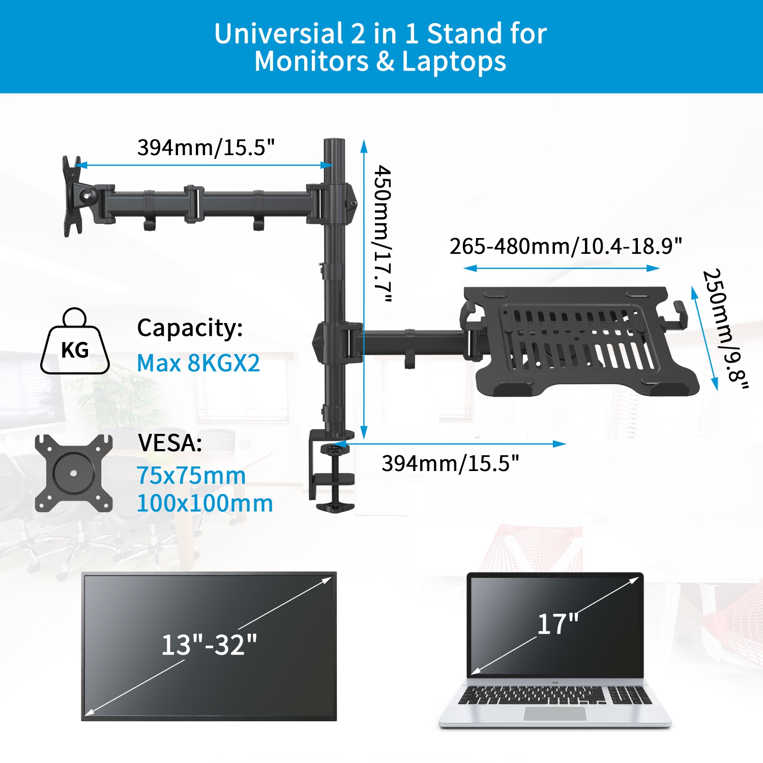 Support de moniteur double entièrement réglable et support pour portable de 17 po et moins 32 – sa-LH09