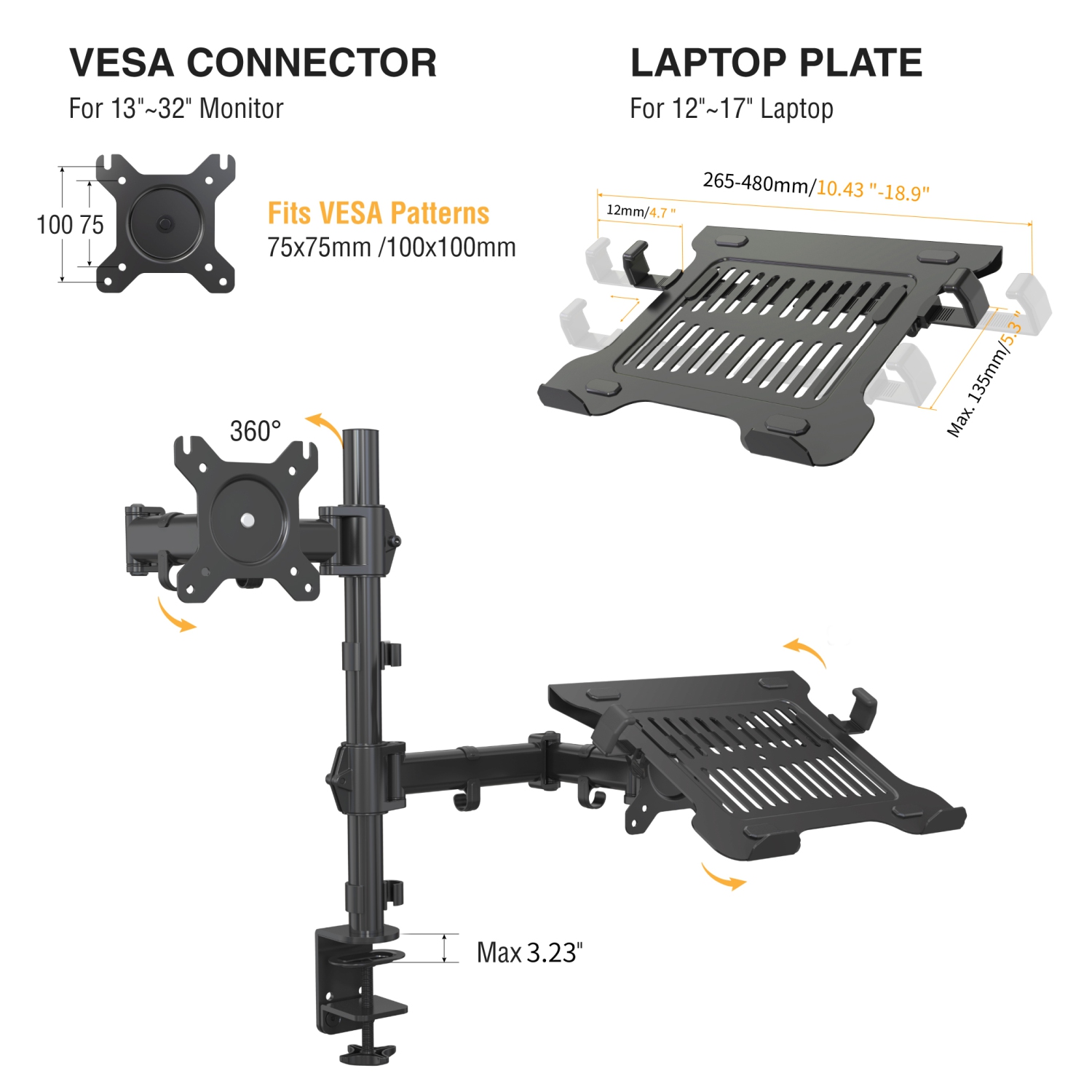 Support de moniteur double entièrement réglable et support pour portable de 17 po et moins 32 – sa-LH09