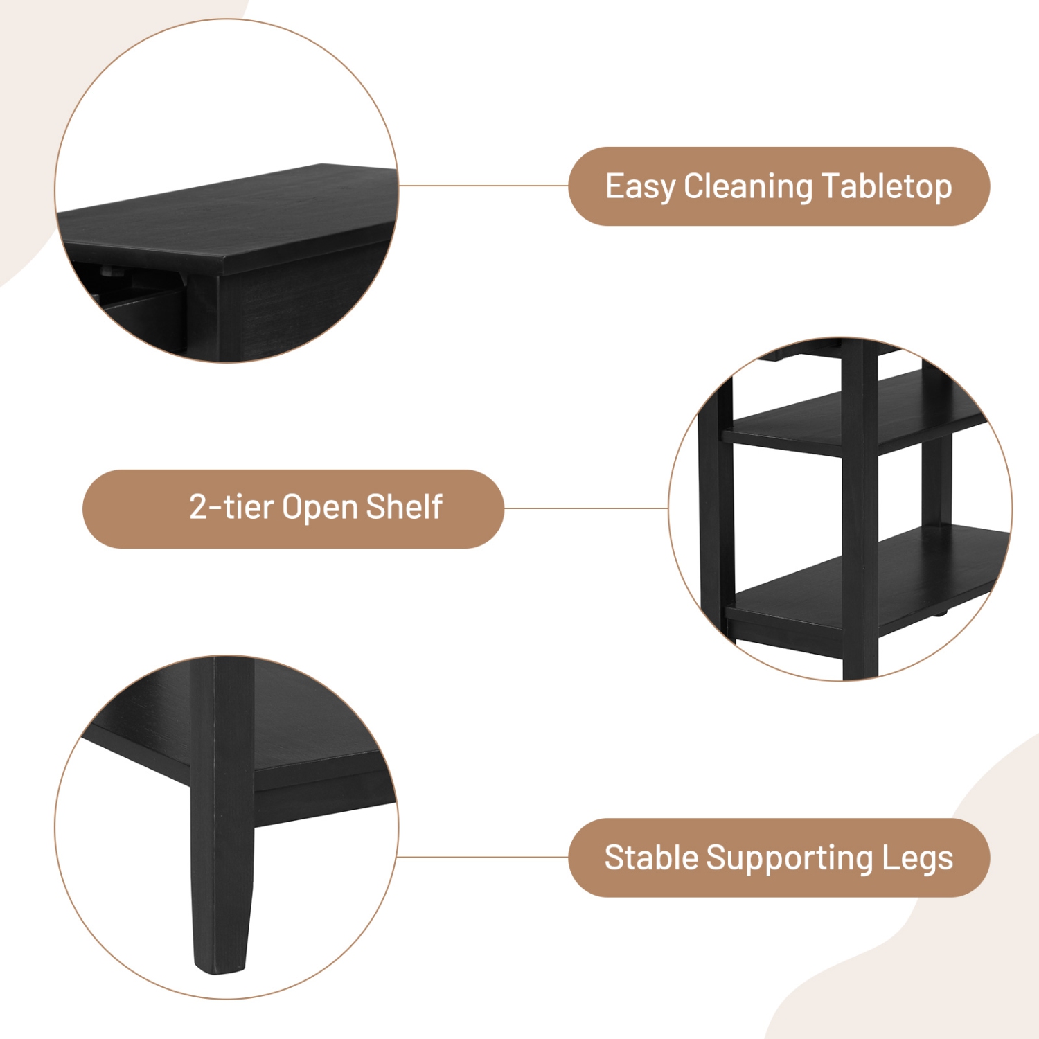 Table d’appoint avec table de bout TopBuy avec table de chevet étroite à deux tablettes pour le salon et la chambre Brun/Noir