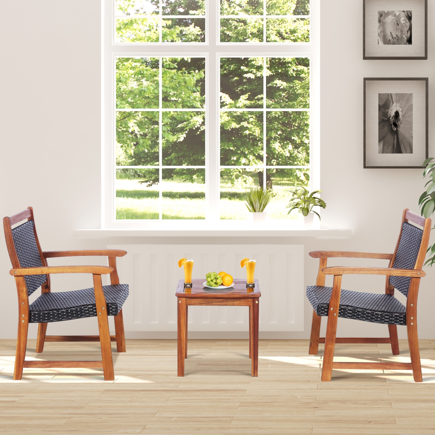 Ensemble patio de bistro 3 pièces en rotin et table extérieure en bois d’acacia avec chaises de PatioJoy