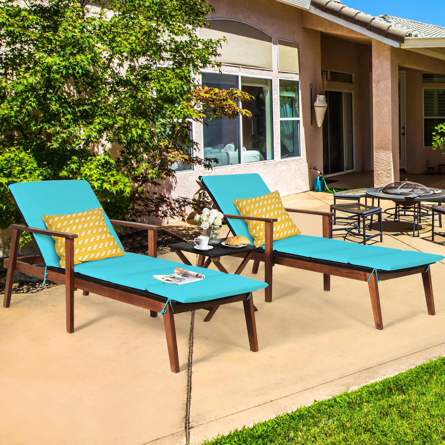 Topbuy Set of 2 Chaise Lounge Chair Set Acacia Wood Frame Adjustable Backrest W/Cushions Turquoise&White