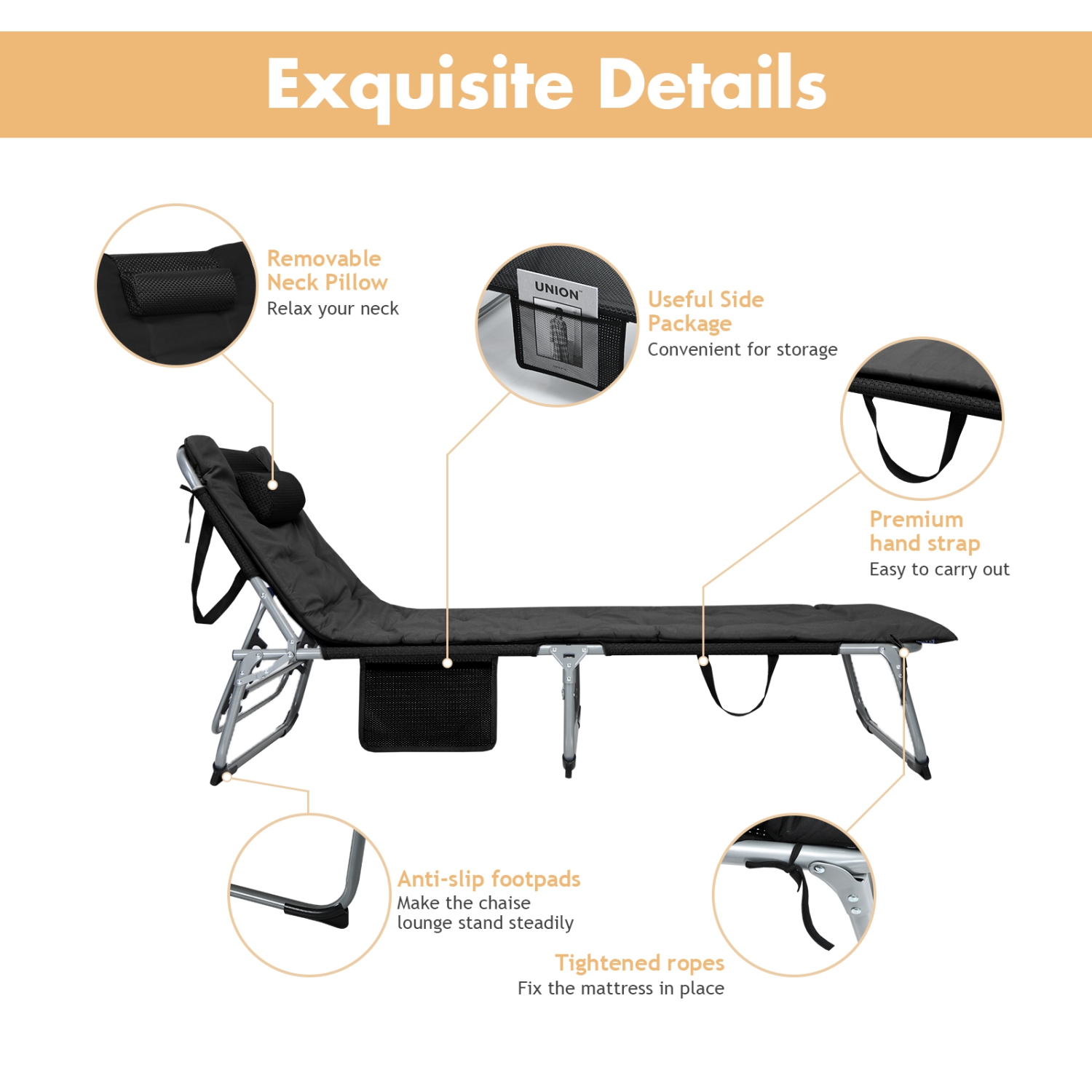 Patiojoy 4-Level Oversize Folding Chaise Lounge Adjustable Outdoor Beach with Removable Cushion Black/Beige