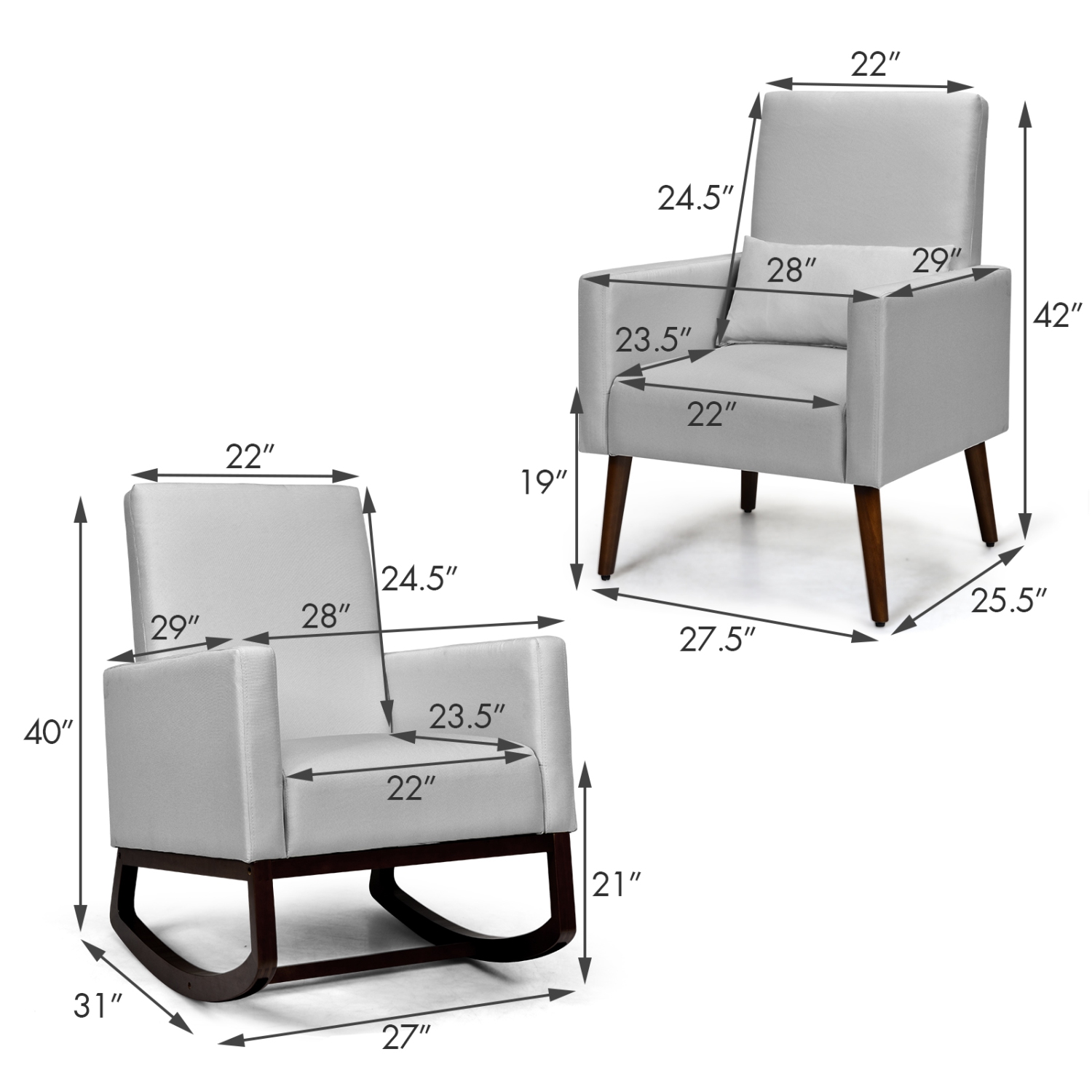 Ensemble de 2 chaises berçants à double usage rembourrés, pieds en bois et oreiller canapé chaise beige/gris foncé/gris pâle de TopBuy