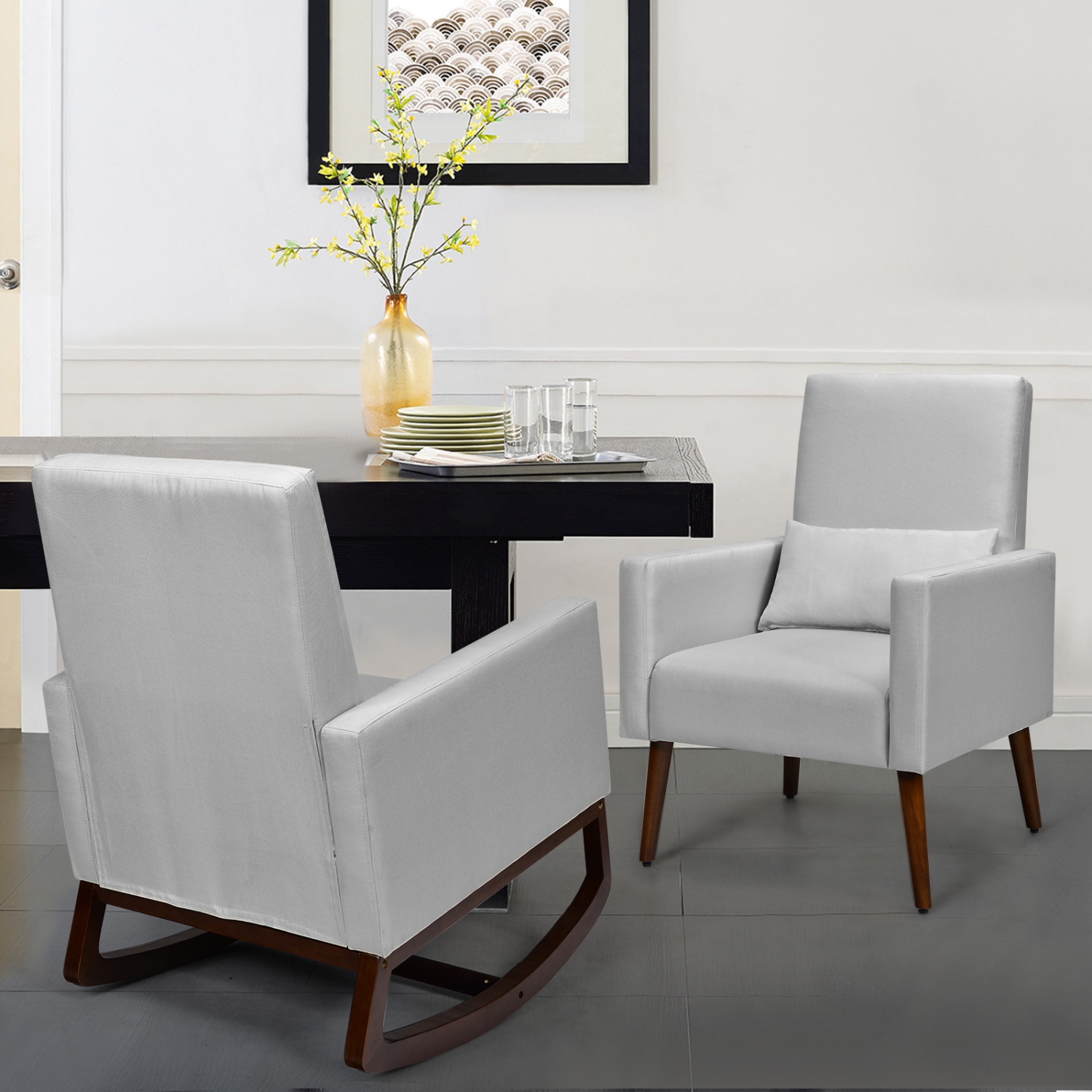 Ensemble de 2 chaises berçants à double usage rembourrés, pieds en bois et oreiller canapé chaise beige/gris foncé/gris pâle de TopBuy