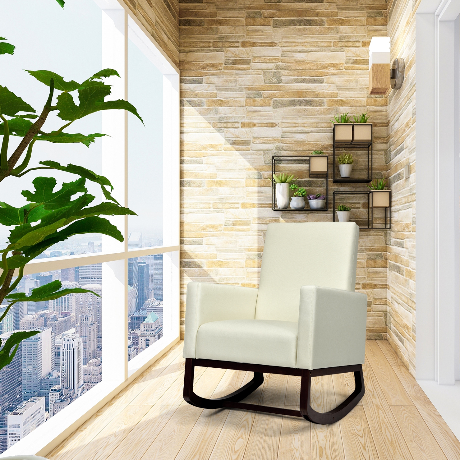 TopBuy – Chaise berçante 2-en-1 rembourrée avec pattes en bois et coussin de canapé-lit, gris pâle/beige/gris foncé