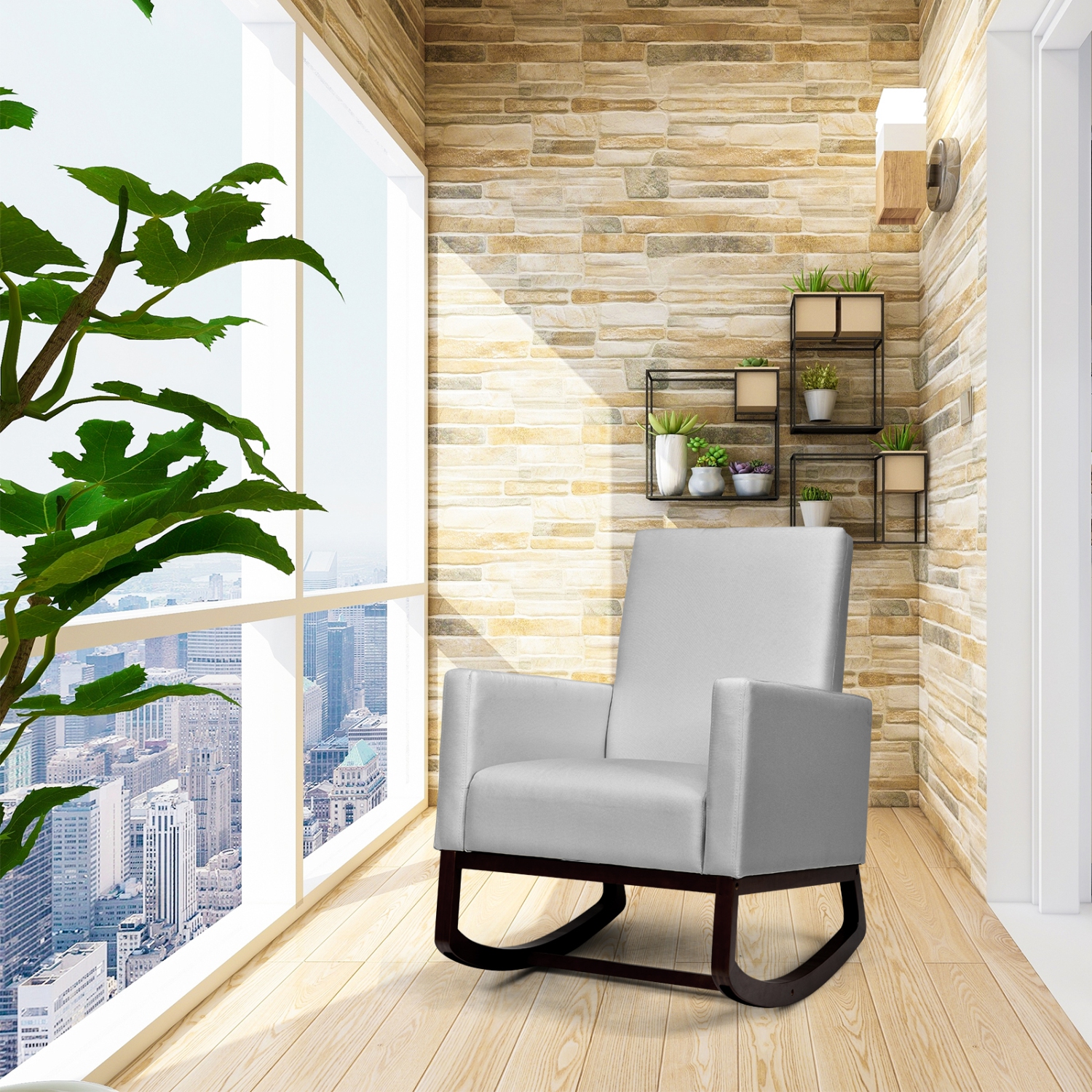 Topbuy 2-in-1 Upholstered Rocking Chair with Wood Leg & Pillow Relax Sofa Chair Light Grey/Beige/Dark Gray