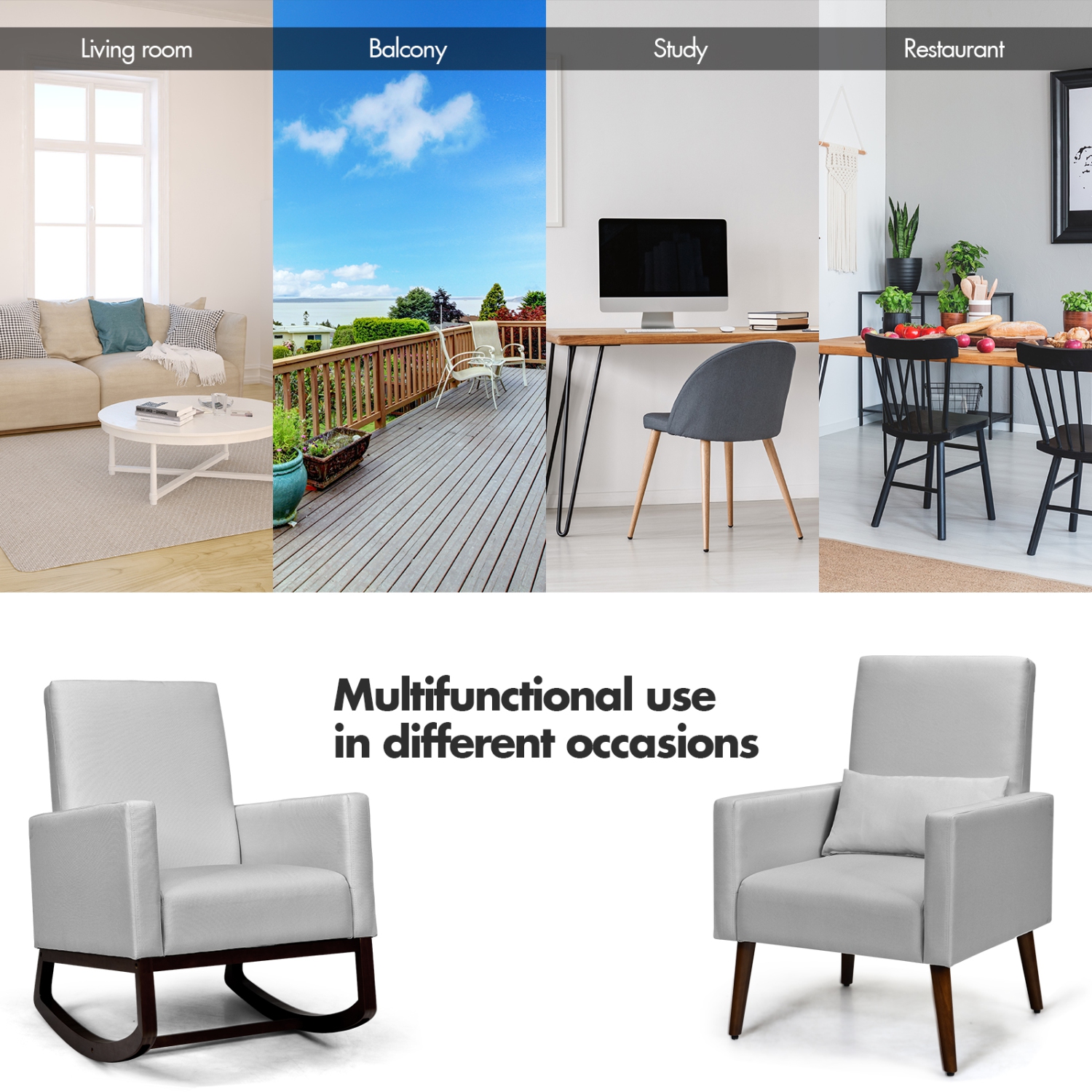 Topbuy 2-in-1 Upholstered Rocking Chair with Wood Leg & Pillow Relax Sofa Chair Light Grey/Beige/Dark Gray