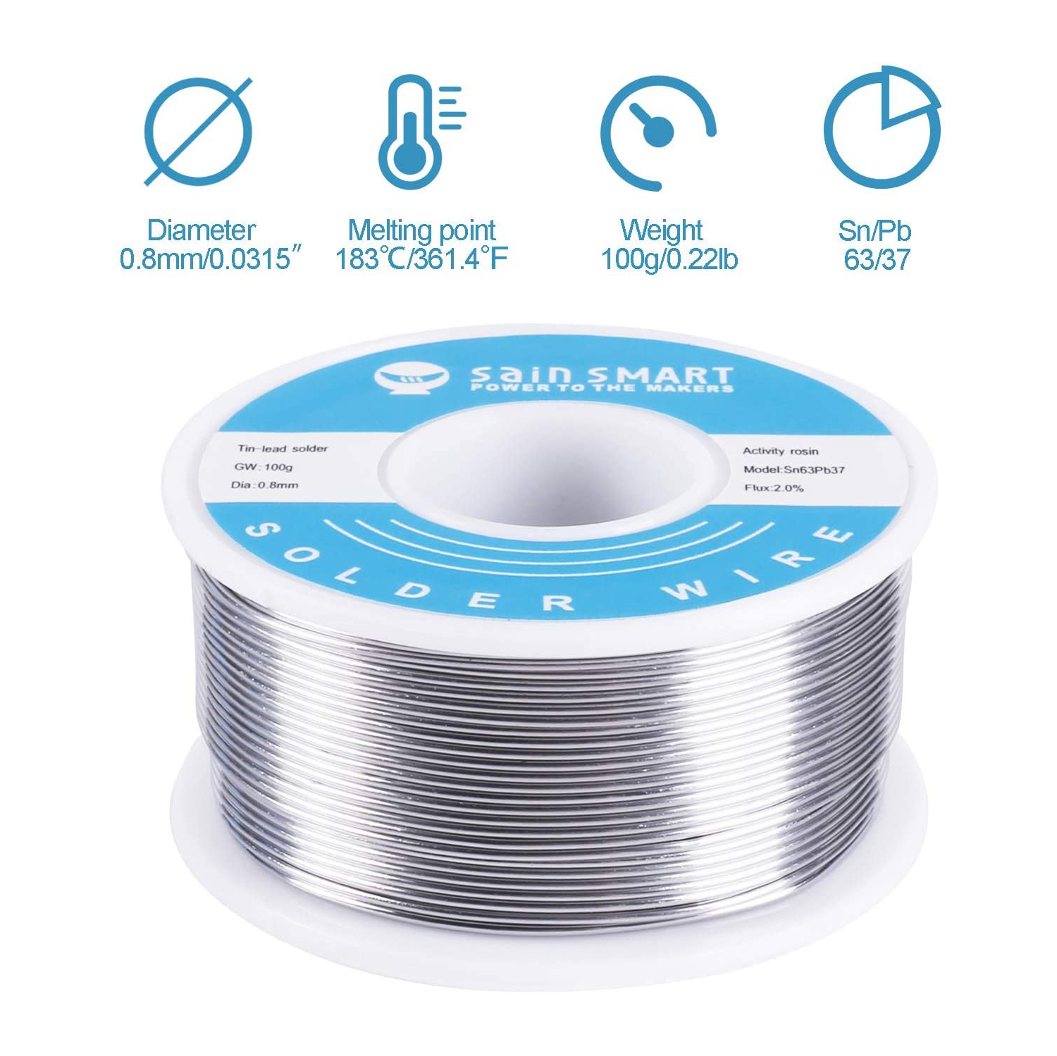 SainSmart 0.8mm Solder Wire 63/37 Tin/Lead Sn63Pb37 with Flux Rosin Core for Electrical Soldering