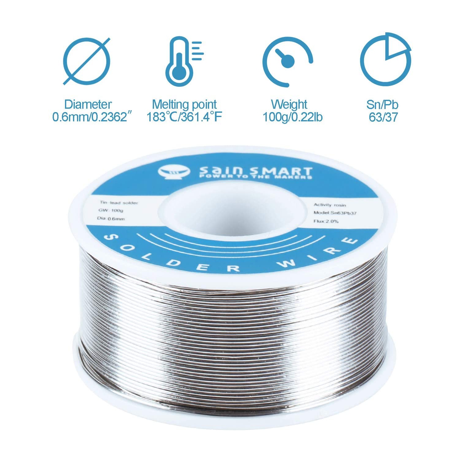 SainSmart – fil à souder de 0,6 mm, 63/37 fils, boîte métallique/plomb, Sn63Pb37 avec centre de rose flux pour brasage électrique