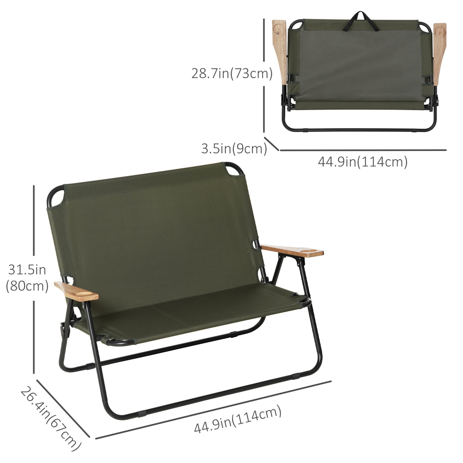 Outsunny Double Folding Chair, Loveseat Camping Chair for 2 Person, Portable Outdoor Chair with Wood Armrest for Fishing Travel, Green