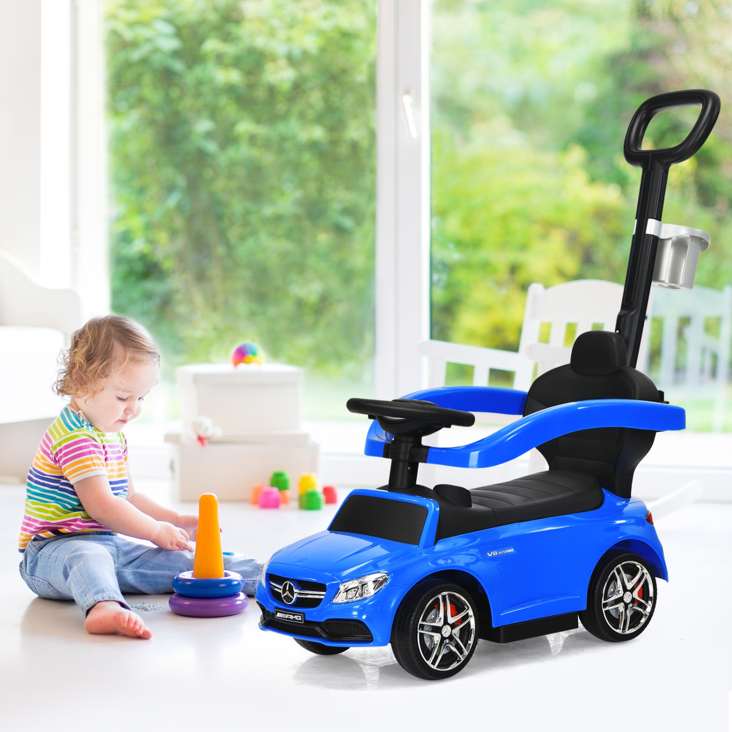 Topbuy 3 in 1 Ride On Push Car Mercedes Benz For Toddlers Stroller Sliding Walking Car With Sun Canopy