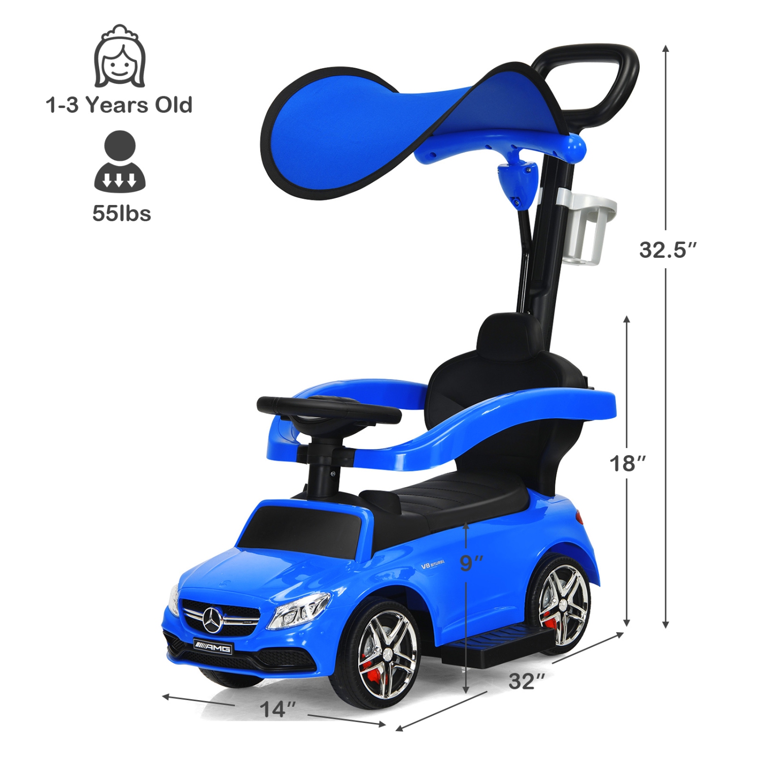 Topbuy 3 in 1 Ride On Push Car Mercedes Benz For Toddlers Stroller Sliding Walking Car With Sun Canopy