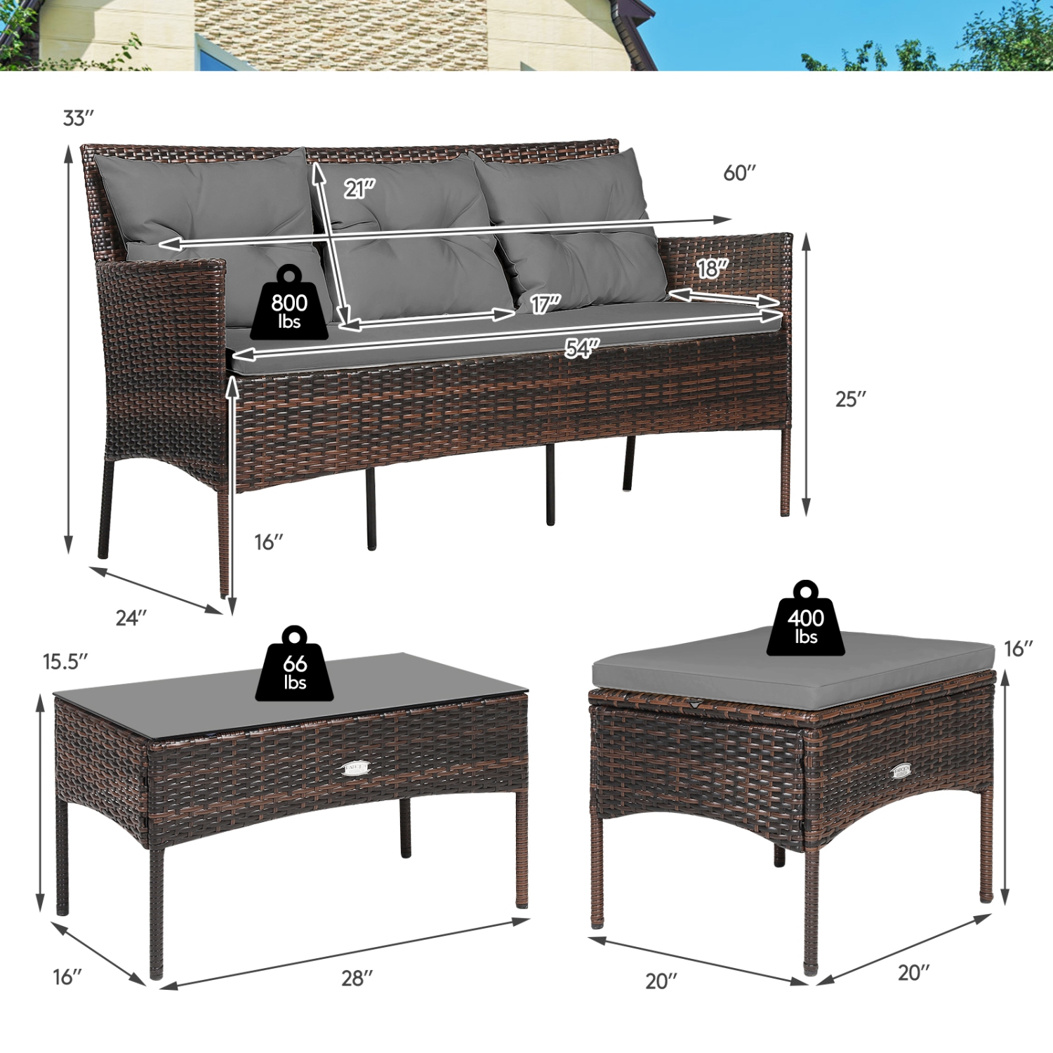 Ensemble patio de 3 pièces en osier résistant aux intempéries de PatioJoy avec pouf et table d’appoint