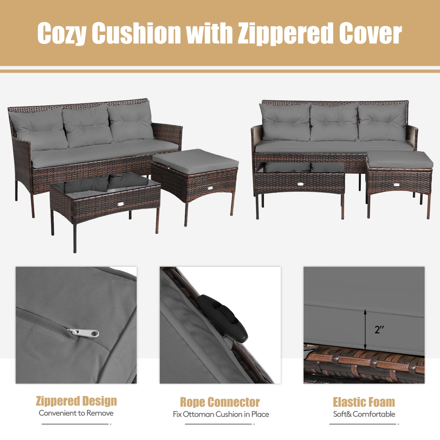 Ensemble patio de 3 pièces en osier résistant aux intempéries de PatioJoy avec pouf et table d’appoint