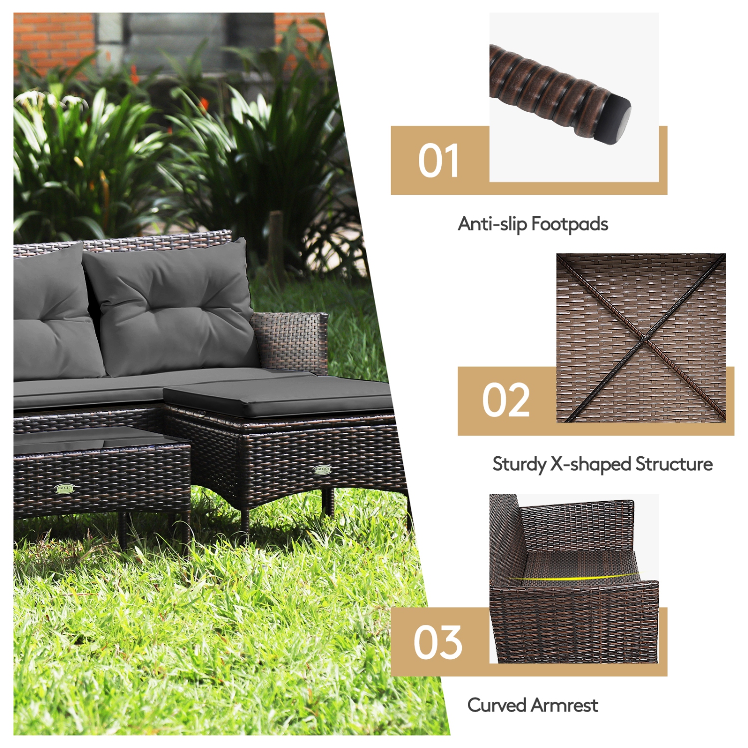 Ensemble patio de 3 pièces en osier résistant aux intempéries de PatioJoy avec pouf et table d’appoint