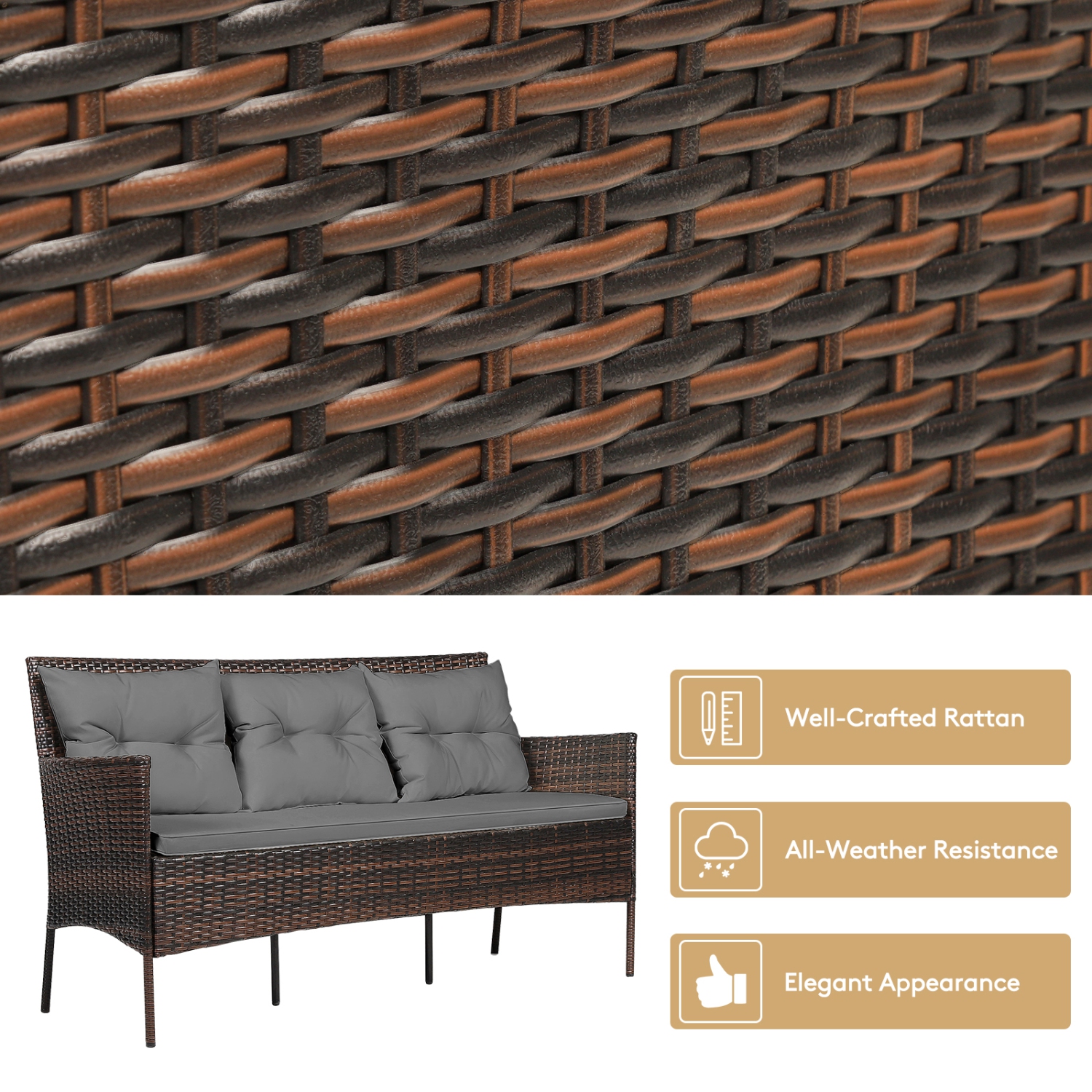 Ensemble patio de 3 pièces en osier résistant aux intempéries de PatioJoy avec pouf et table d’appoint