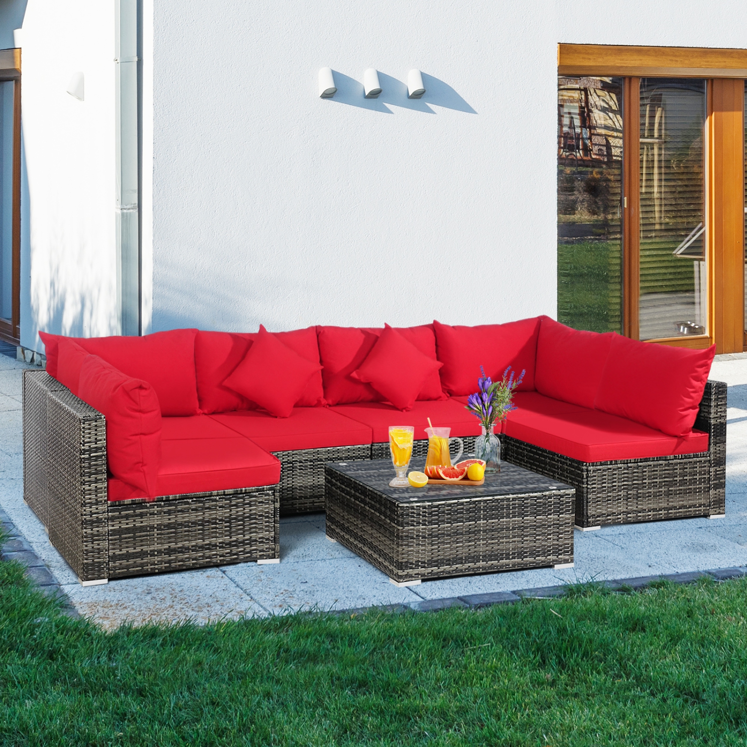 Patiojoy 7 Pcs Outdoor Patio Furniture Set All-Weather PE Rattan Sofa Set w/Coffee Table & Cushions