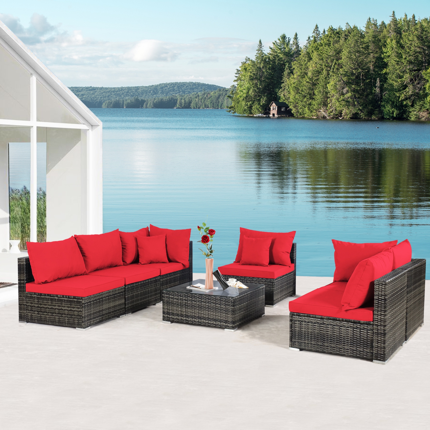 Patiojoy 7 Pcs Outdoor Patio Furniture Set All-Weather PE Rattan Sofa Set w/Coffee Table & Cushions