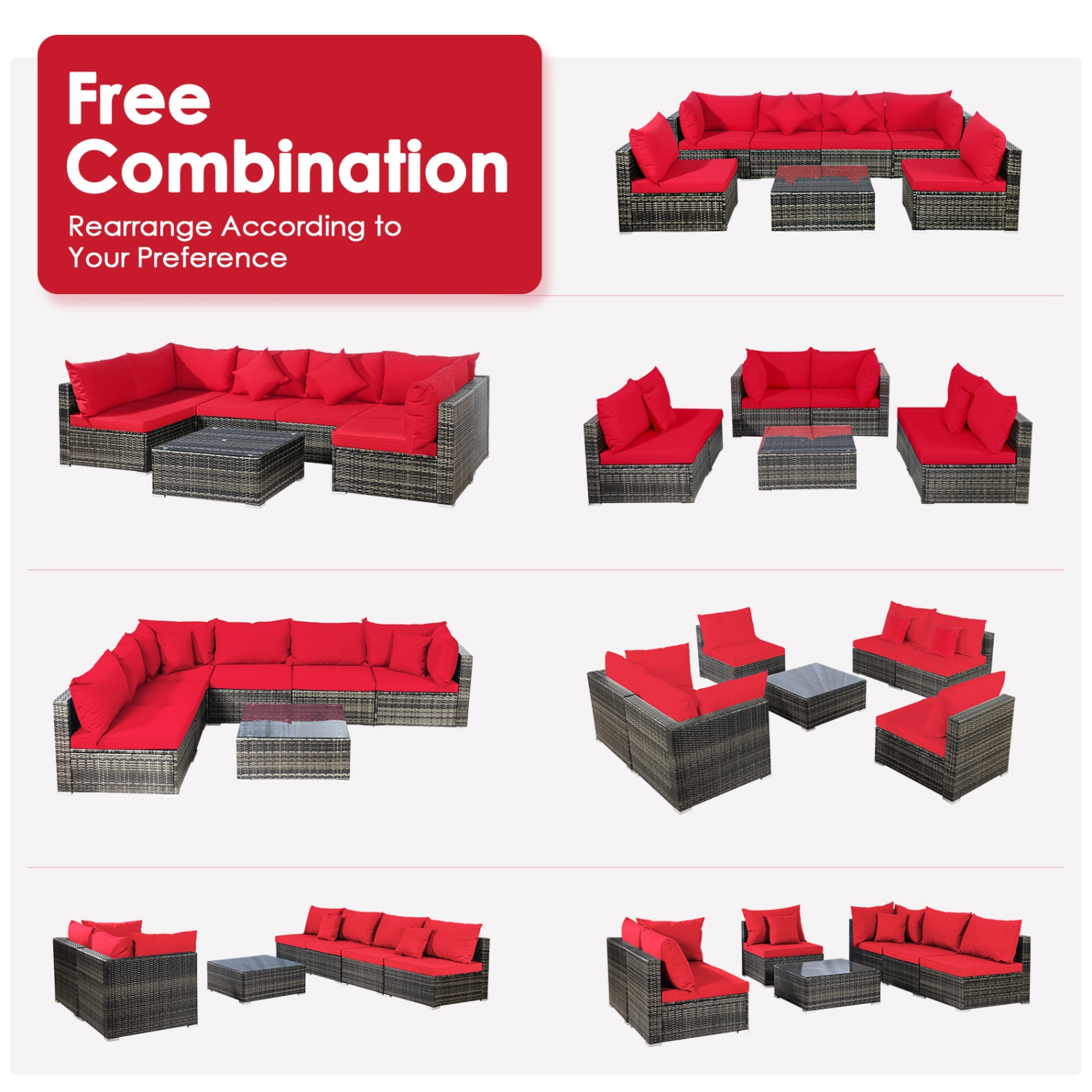 Patiojoy 7 Pcs Outdoor Patio Furniture Set All-Weather PE Rattan Sofa Set w/Coffee Table & Cushions