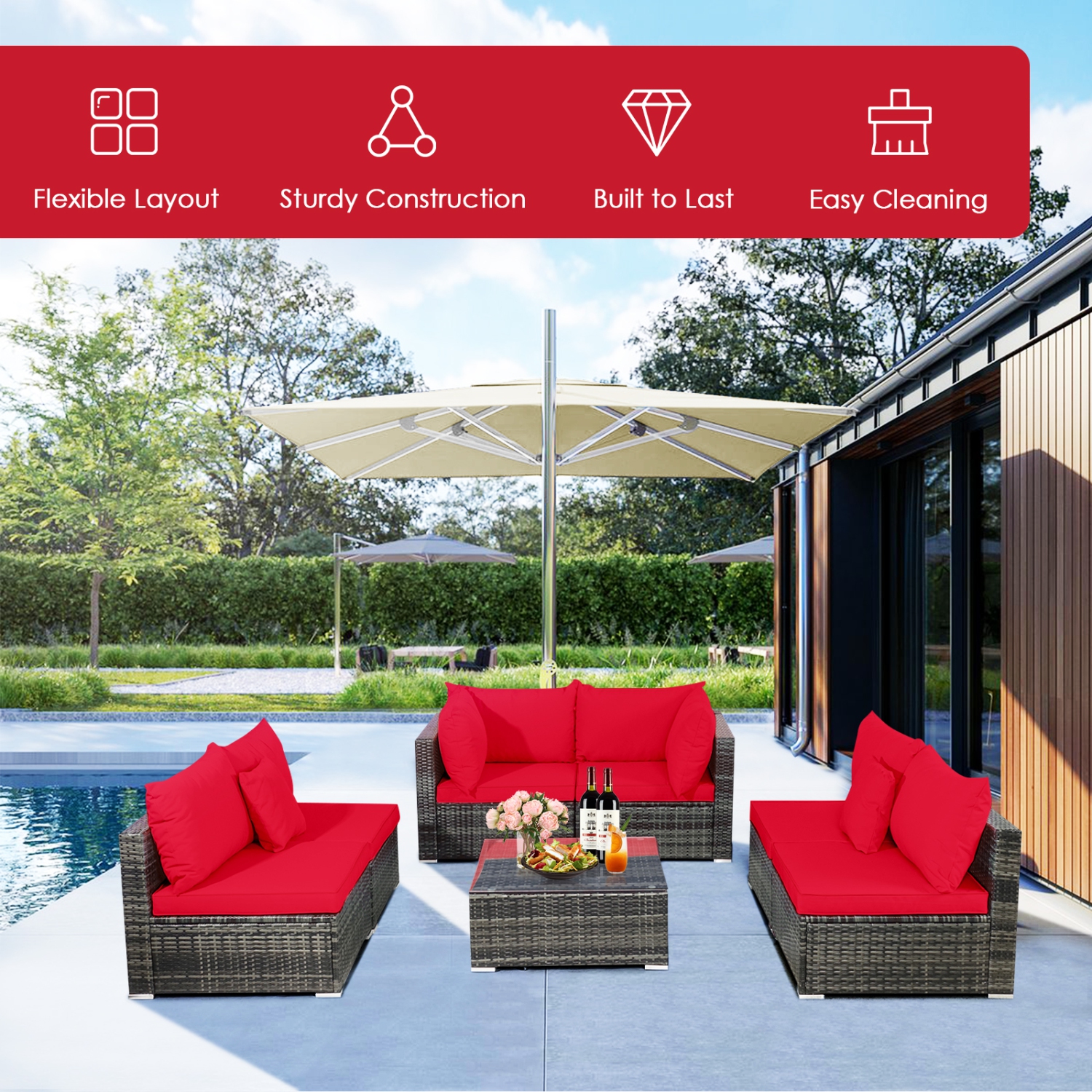 Patiojoy 7 Pcs Outdoor Patio Furniture Set All-Weather PE Rattan Sofa Set w/Coffee Table & Cushions