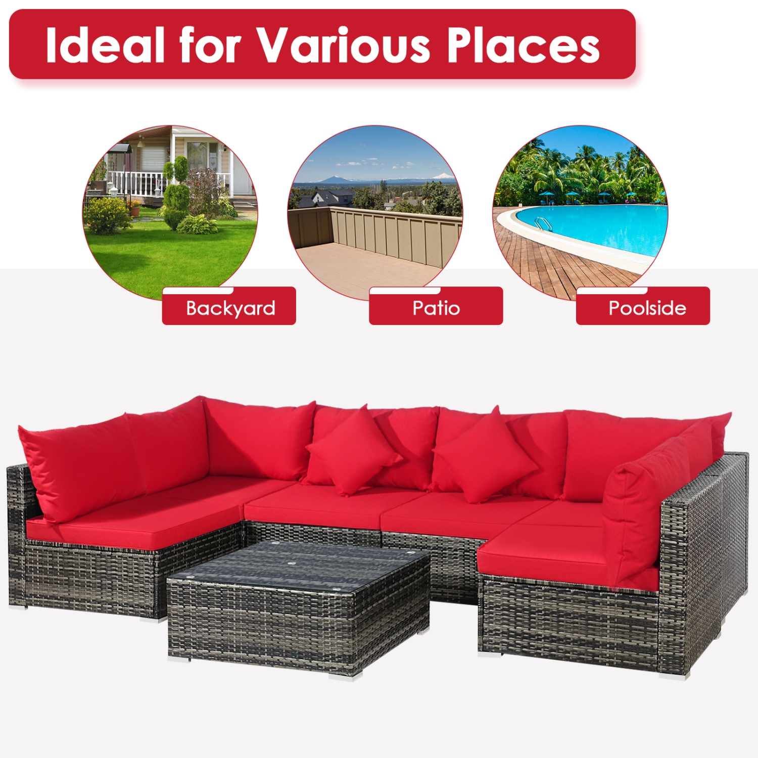 Patiojoy 7 Pcs Outdoor Patio Furniture Set All-Weather PE Rattan Sofa Set w/Coffee Table & Cushions