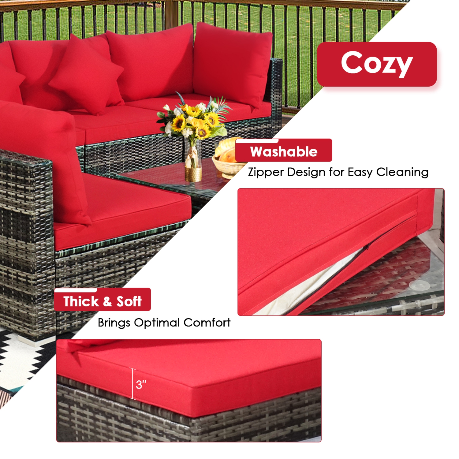 Patiojoy 7 Pcs Outdoor Patio Furniture Set All-Weather PE Rattan Sofa Set w/Coffee Table & Cushions