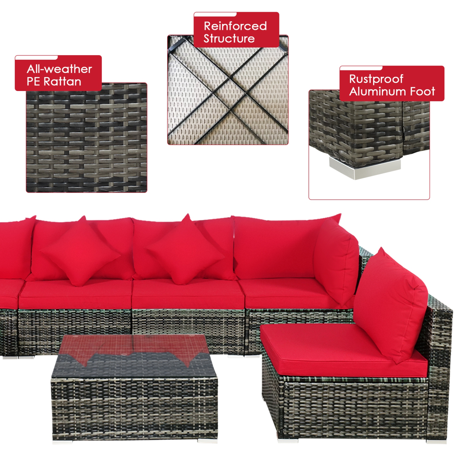 Patiojoy 7 Pcs Outdoor Patio Furniture Set All-Weather PE Rattan Sofa Set w/Coffee Table & Cushions