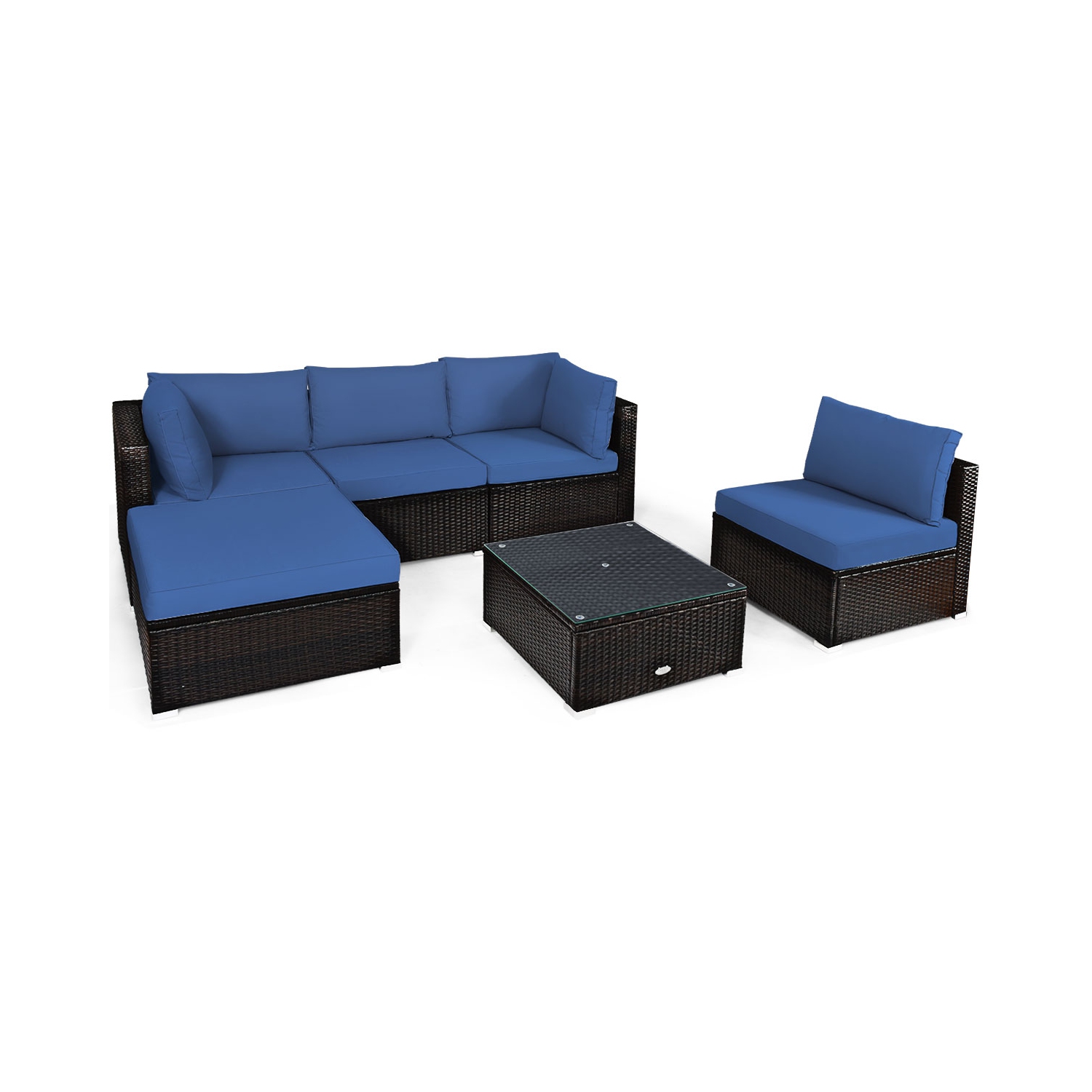 Patiojoy 6PCS Patio Rattan Furniture Set Outdoor Sectional Sofa Set w/Coffee Table & Ottoman Black/Navy/Turquoise/Red/Brown