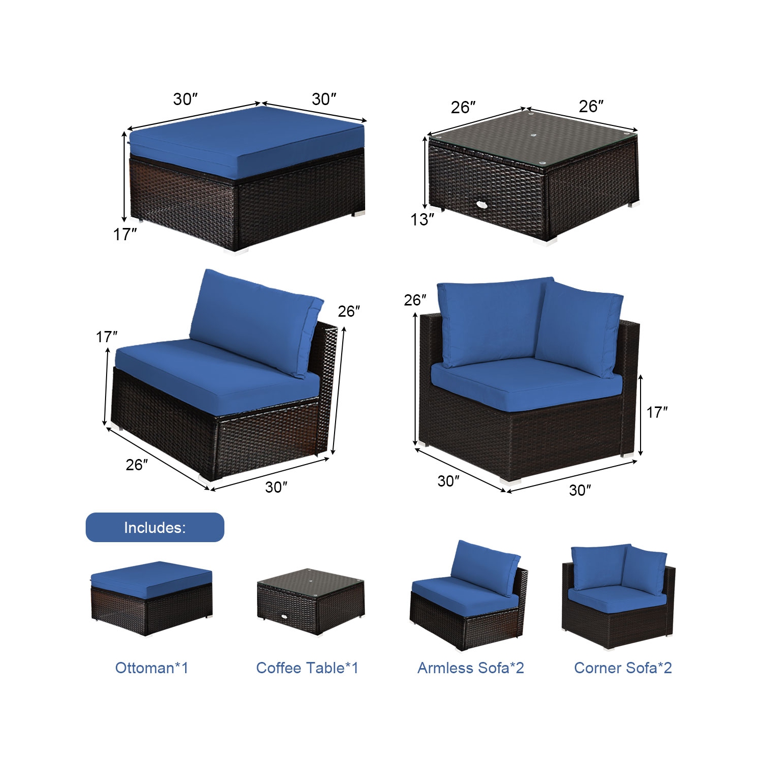 Patiojoy 6PCS Patio Rattan Furniture Set Outdoor Sectional Sofa Set w/Coffee Table & Ottoman Black/Navy/Turquoise/Red/Brown