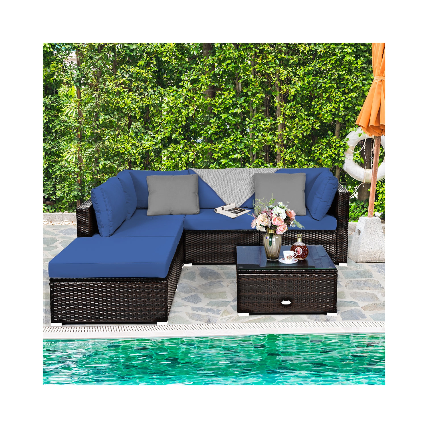 Patiojoy 6PCS Patio Rattan Furniture Set Outdoor Sectional Sofa Set w/Coffee Table & Ottoman Black/Navy/Turquoise/Red/Brown
