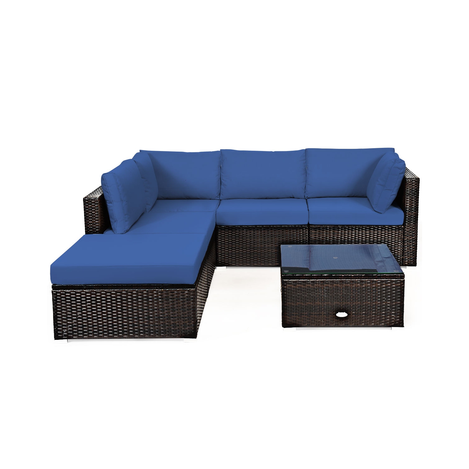 Patiojoy 6PCS Patio Rattan Furniture Set Outdoor Sectional Sofa Set w/Coffee Table & Ottoman Black/Navy/Turquoise/Red/Brown
