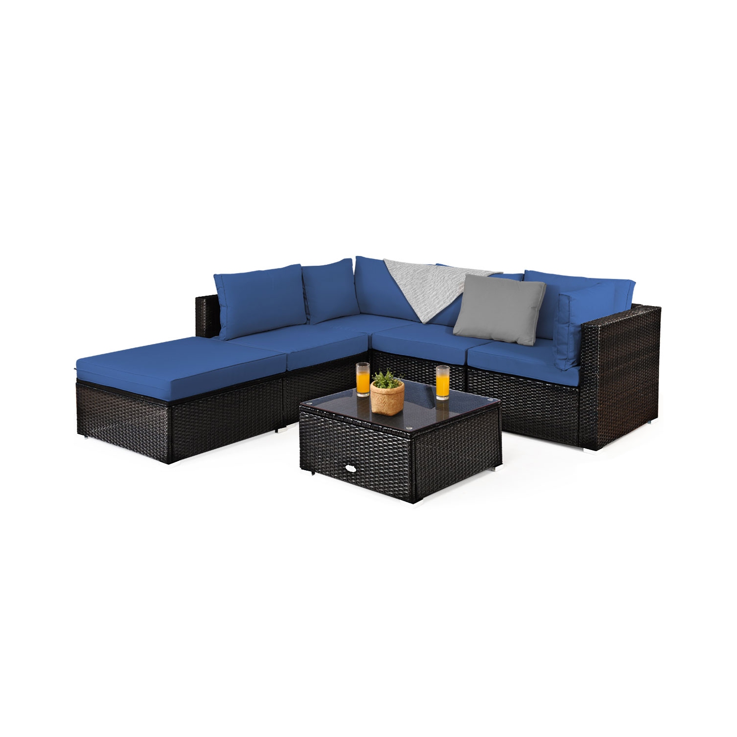 Patiojoy 6PCS Patio Rattan Furniture Set Outdoor Sectional Sofa Set w/Coffee Table & Ottoman Black/Navy/Turquoise/Red/Brown