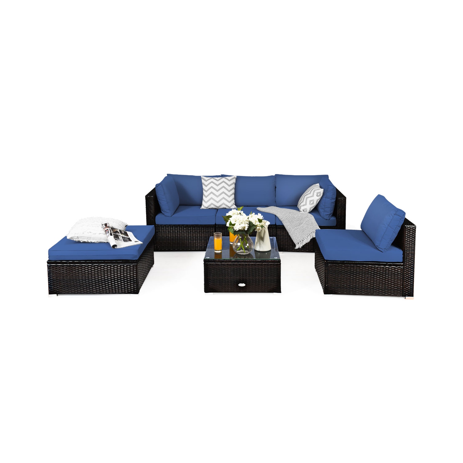 Patiojoy 6PCS Patio Rattan Furniture Set Outdoor Sectional Sofa Set w/Coffee Table & Ottoman Black/Navy/Turquoise/Red/Brown