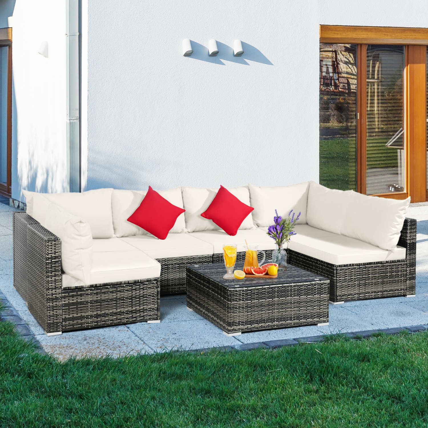 Patiojoy 7 Pcs Outdoor Patio Furniture Set All-Weather PE Rattan Sofa Set w/Coffee Table & Cushions