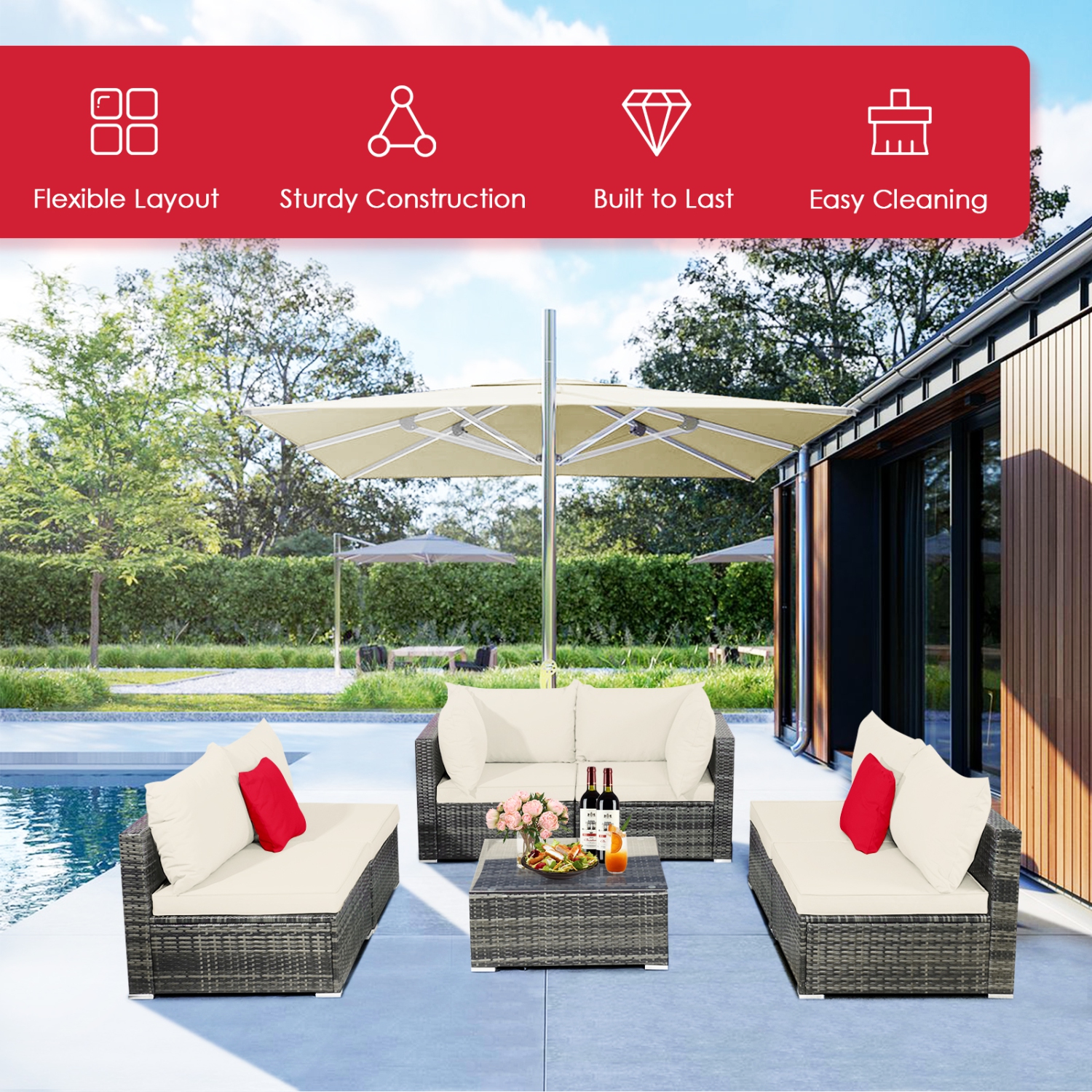 Patiojoy 7 Pcs Outdoor Patio Furniture Set All-Weather PE Rattan Sofa Set w/Coffee Table & Cushions