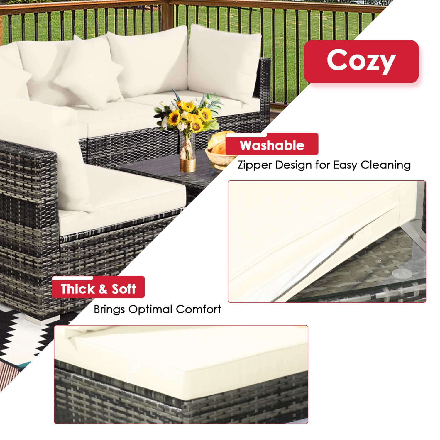 Patiojoy 7 Pcs Outdoor Patio Furniture Set All-Weather PE Rattan Sofa Set w/Coffee Table & Cushions