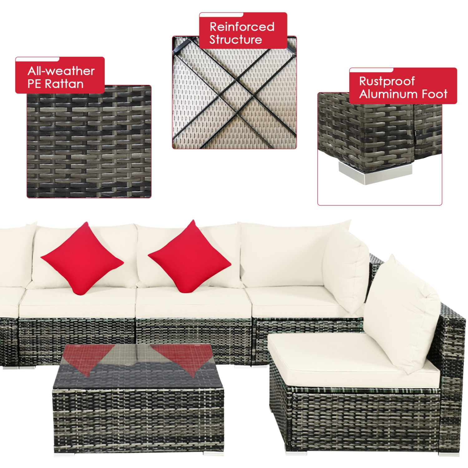 Patiojoy 7 Pcs Outdoor Patio Furniture Set All-Weather PE Rattan Sofa Set w/Coffee Table & Cushions