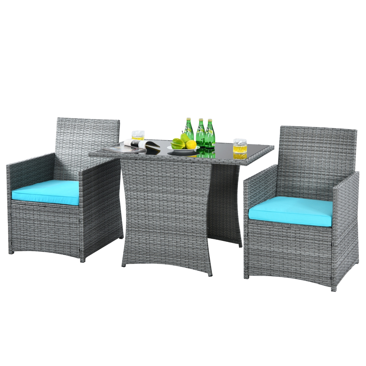 Ensemble patio 3PCS rotin table et chaises ext. Osier avec coussins blanc/rouge/gris/turquoise/bleu marine de PatioJoy