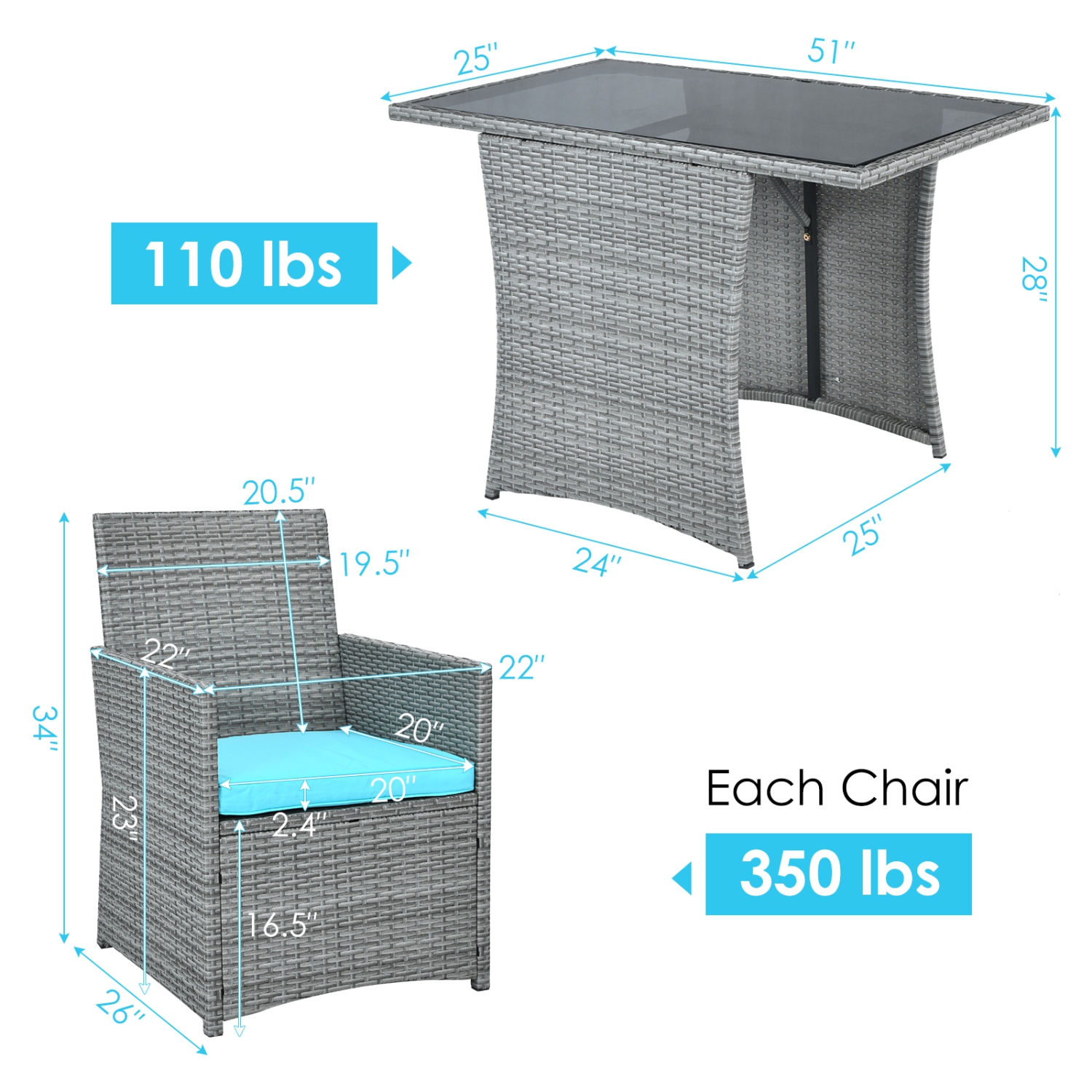 Ensemble patio 3PCS rotin table et chaises ext. Osier avec coussins blanc/rouge/gris/turquoise/bleu marine de PatioJoy