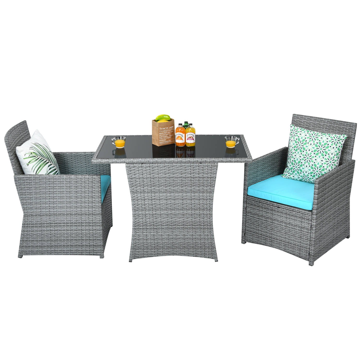 Ensemble patio 3PCS rotin table et chaises ext. Osier avec coussins blanc/rouge/gris/turquoise/bleu marine de PatioJoy