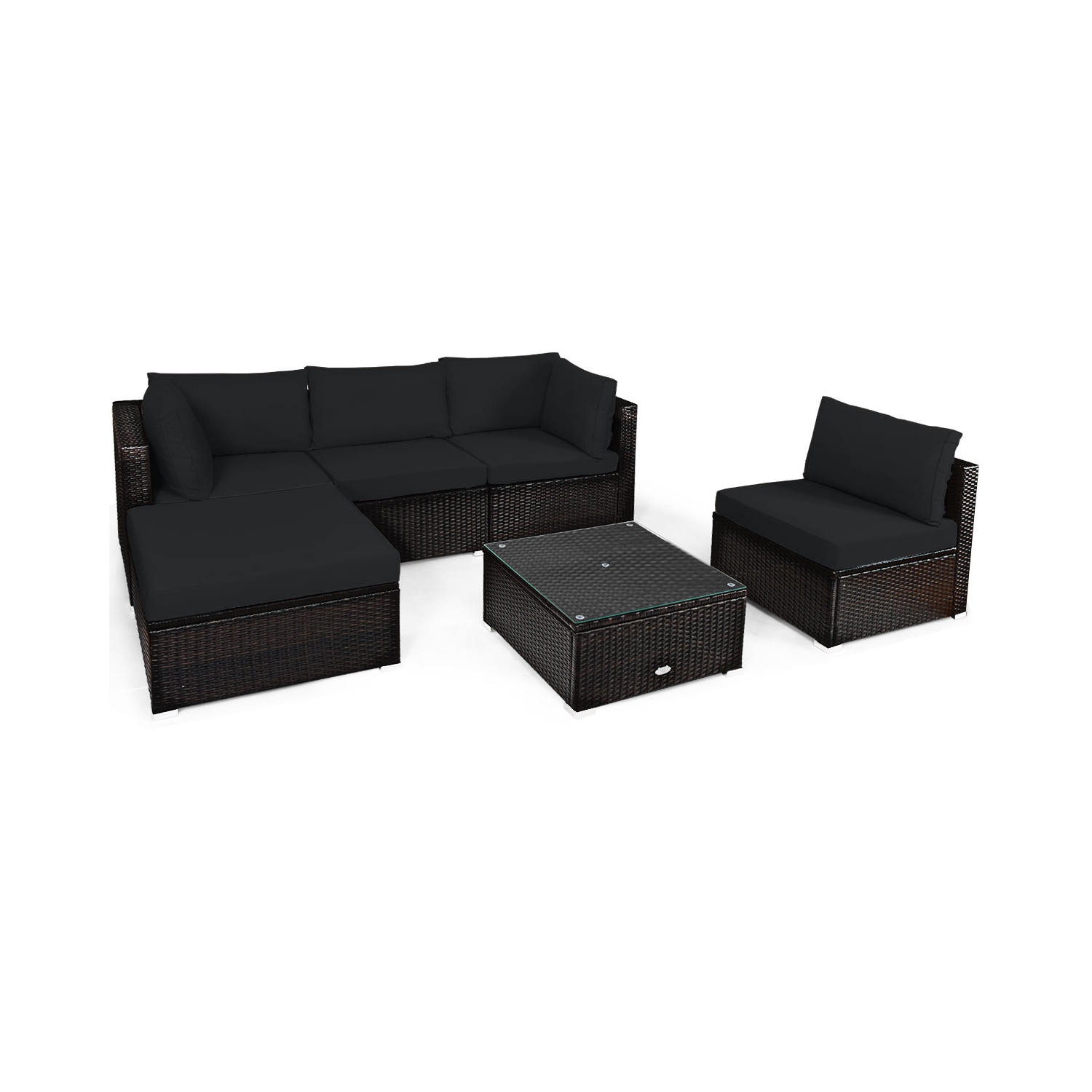 Patiojoy 6PCS Patio Rattan Furniture Set Outdoor Sectional Sofa Set w/Coffee Table & Ottoman Black/Navy/Turquoise/Red/Brown