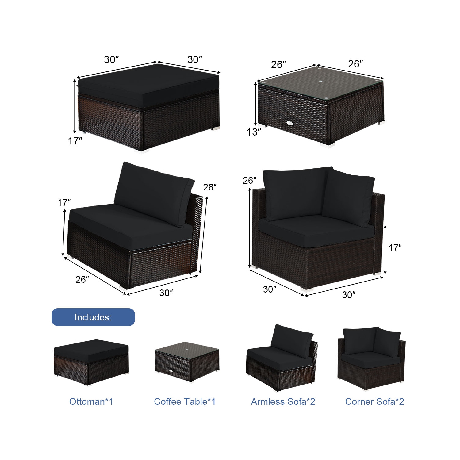 Patiojoy 6PCS Patio Rattan Furniture Set Outdoor Sectional Sofa Set w/Coffee Table & Ottoman Black/Navy/Turquoise/Red/Brown