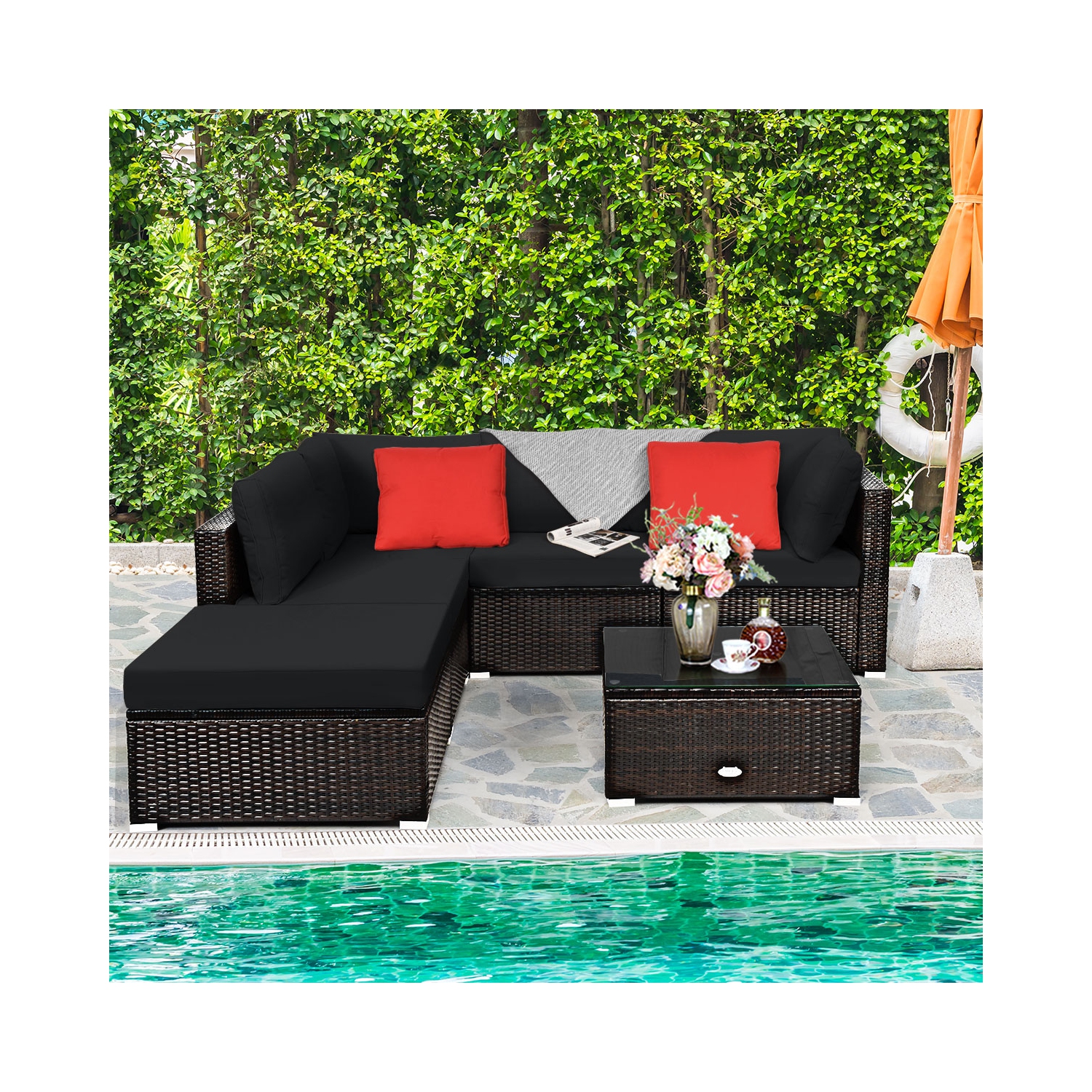 Patiojoy 6PCS Patio Rattan Furniture Set Outdoor Sectional Sofa Set w/Coffee Table & Ottoman Black/Navy/Turquoise/Red/Brown
