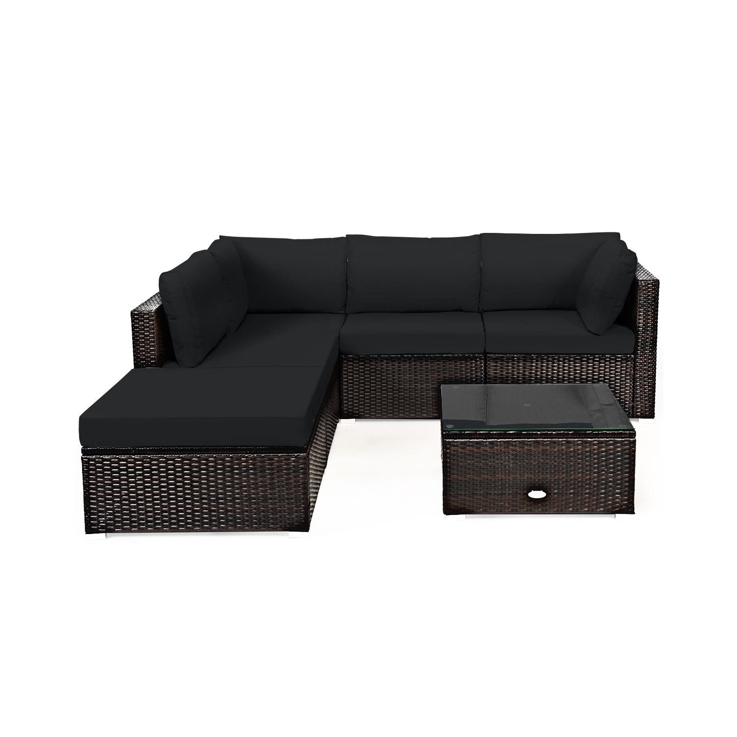 Patiojoy 6PCS Patio Rattan Furniture Set Outdoor Sectional Sofa Set w/Coffee Table & Ottoman Black/Navy/Turquoise/Red/Brown