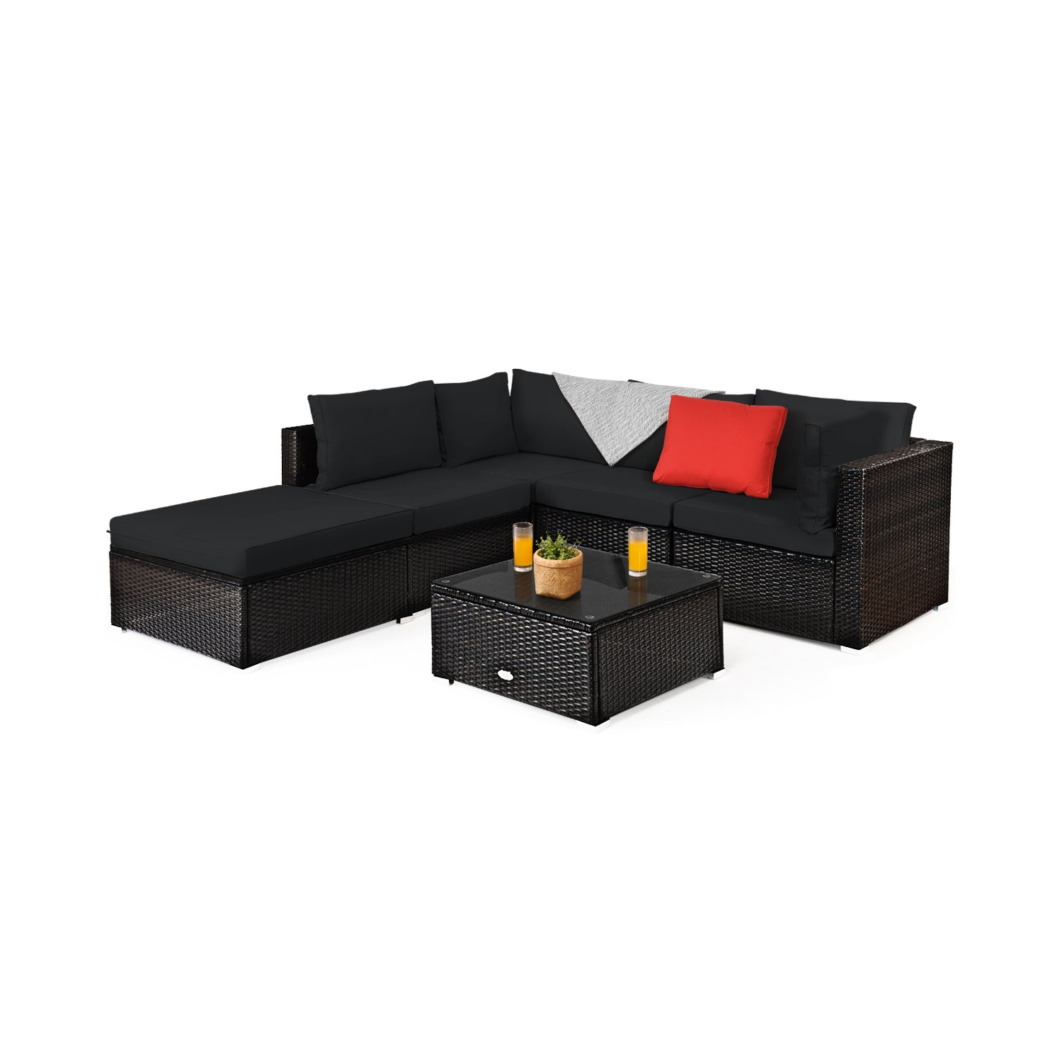 Patiojoy 6PCS Patio Rattan Furniture Set Outdoor Sectional Sofa Set w/Coffee Table & Ottoman Black/Navy/Turquoise/Red/Brown