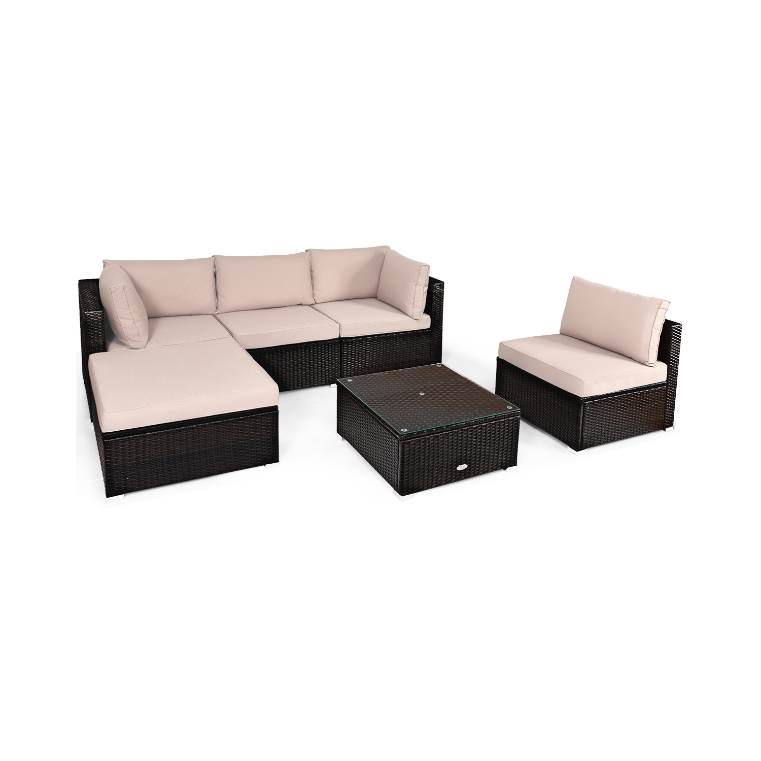 Patiojoy 6PCS Patio Rattan Furniture Set Outdoor Sectional Sofa Set w/Coffee Table & Ottoman Black/Navy/Turquoise/Red/Brown