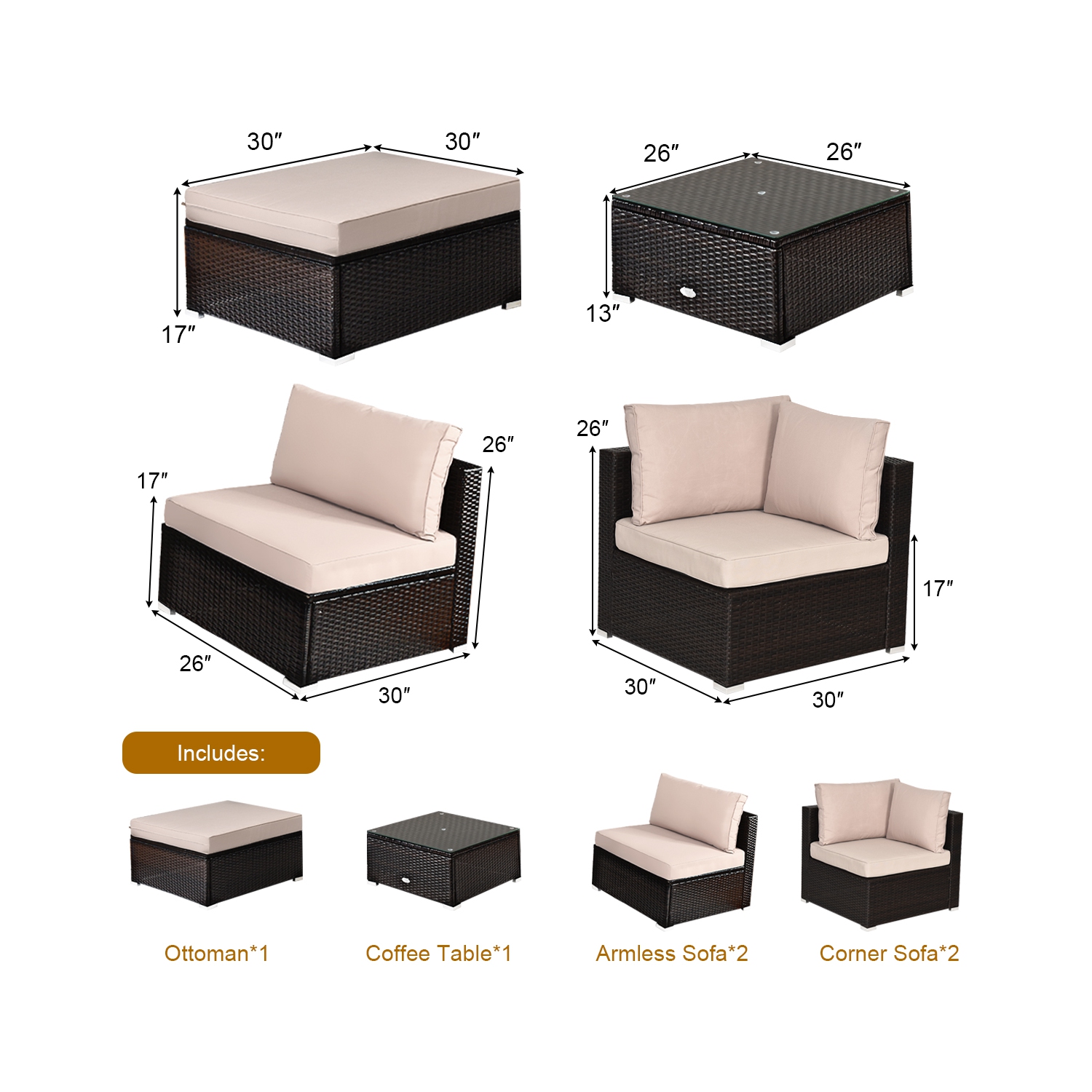 Patiojoy 6PCS Patio Rattan Furniture Set Outdoor Sectional Sofa Set w/Coffee Table & Ottoman Black/Navy/Turquoise/Red/Brown